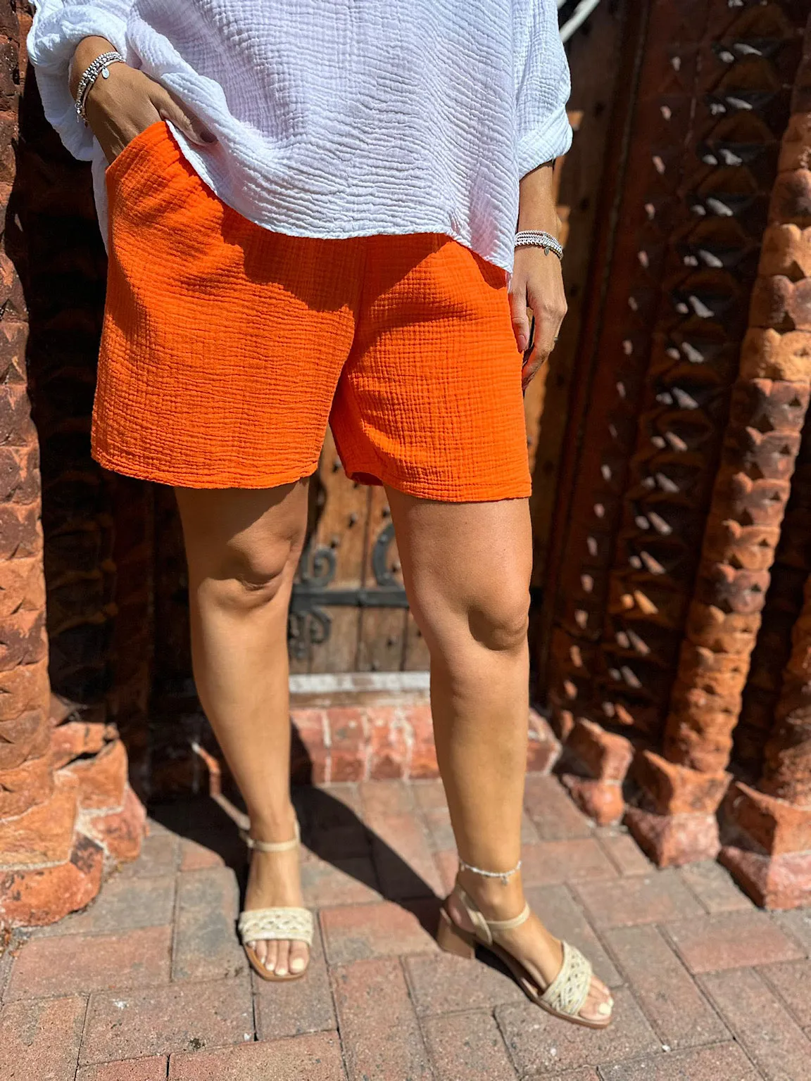 Orange Cotton Drawstring Bubble Shorts