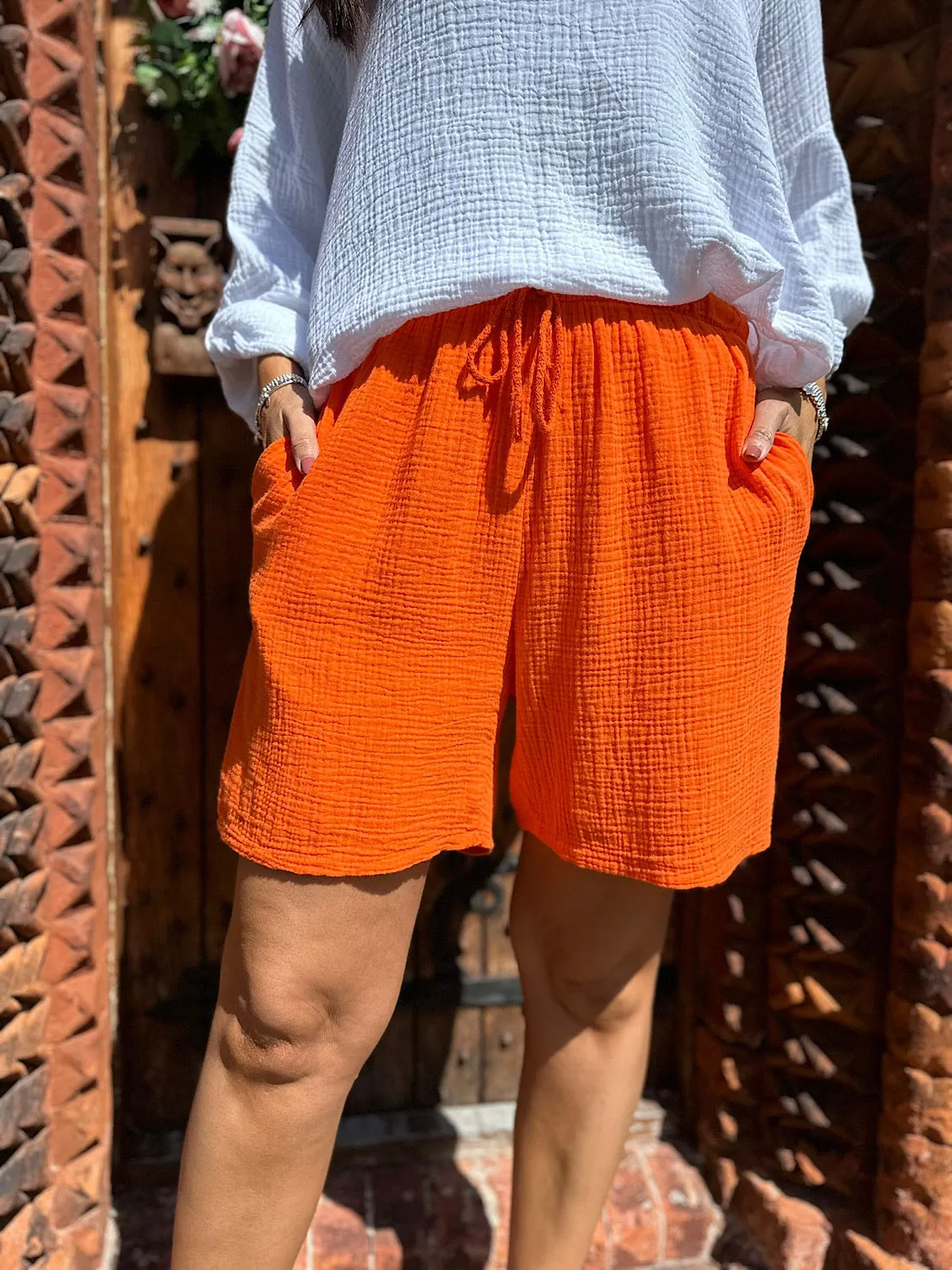 Orange Cotton Drawstring Bubble Shorts