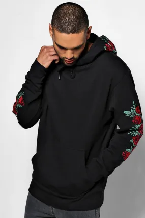 Over The Head Hoodie With Rose Embroidery | boohooMAN UK