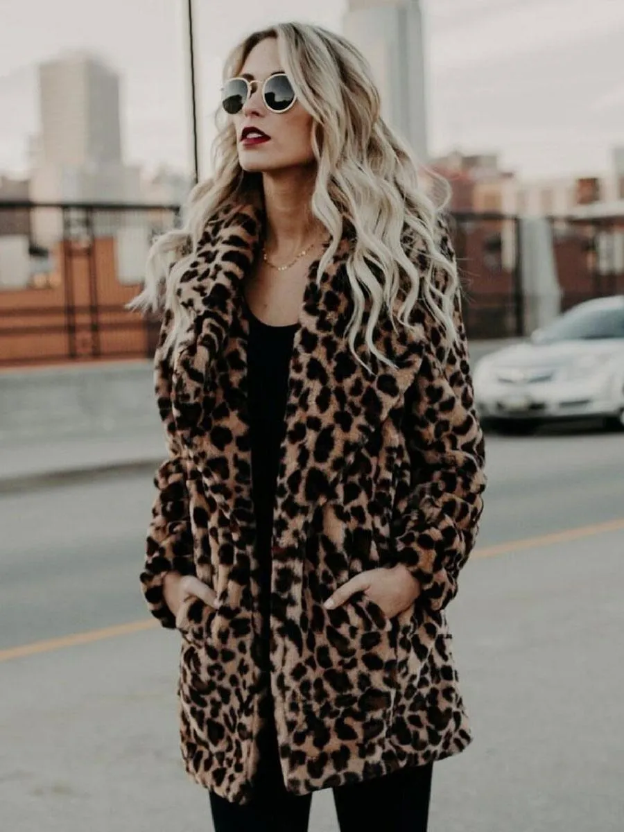 Leopard Print Eco-friendly Fur Coat with Long Oversized Sleeves