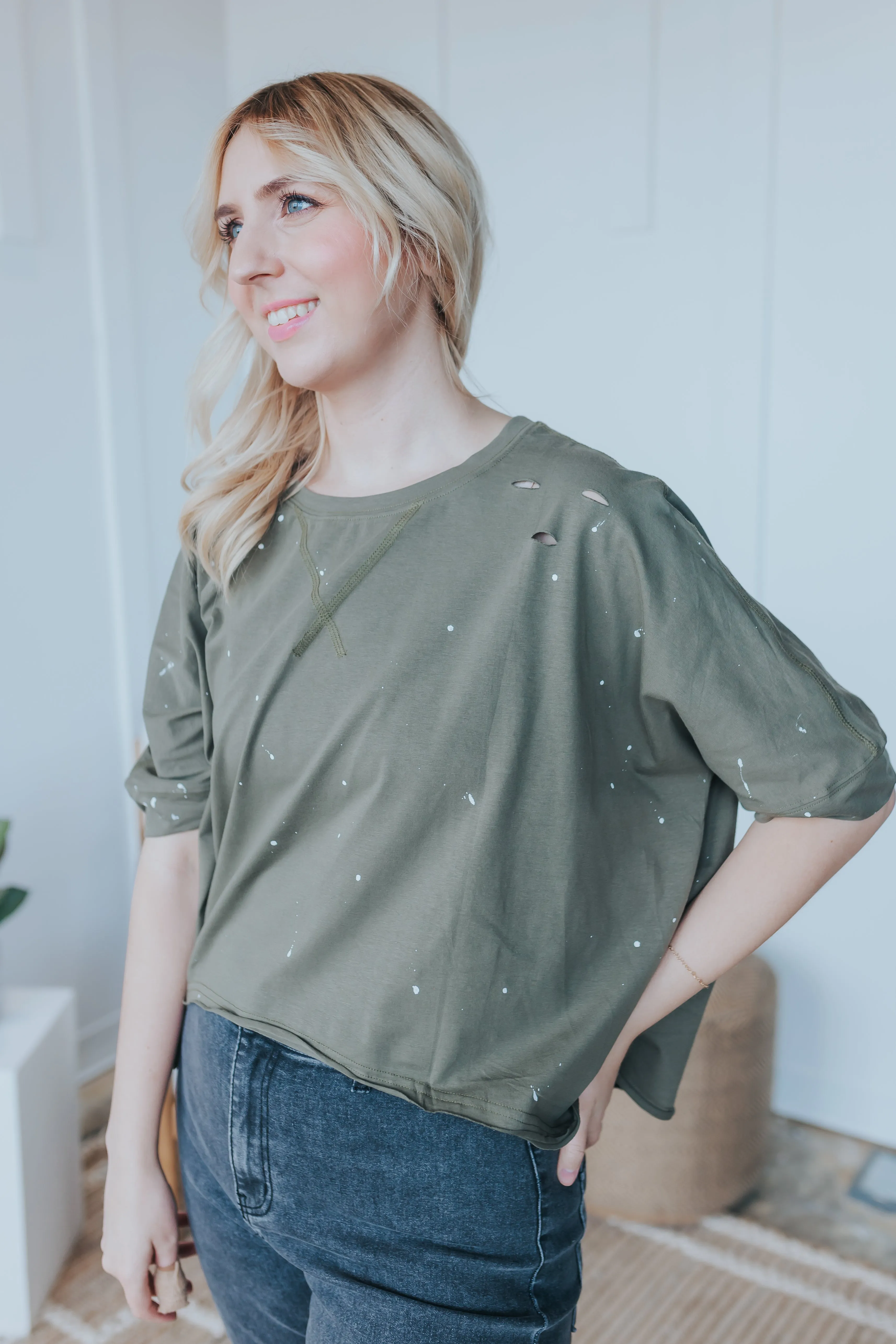 Asymmetrical Top with Paint Splatter Design in 2 Color Choices