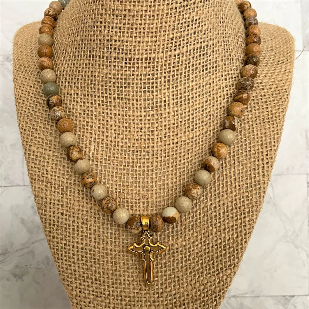 Mens Picture Jasper Gold Cross Beaded Necklace