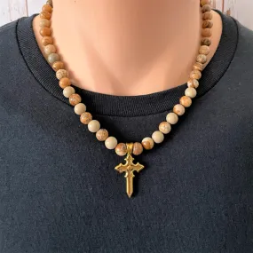 Mens Picture Jasper Gold Cross Beaded Necklace