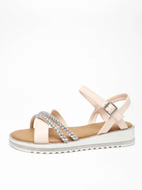 Pink Faux Leather Diamante Cross Strap Sandals by Quiz