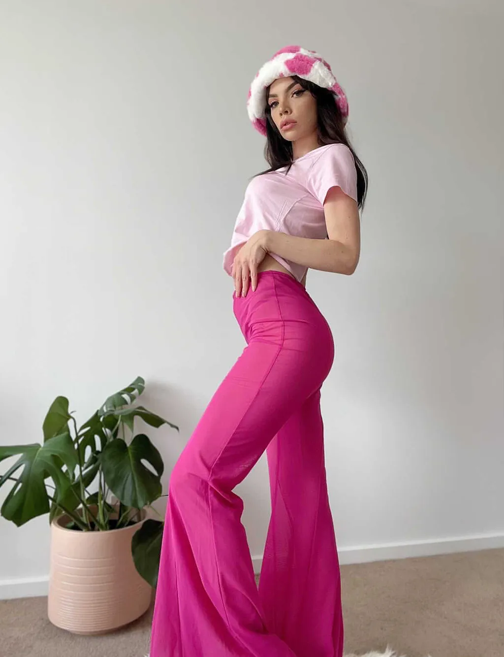 Pink Flare Pants with Stardust Mesh Detail