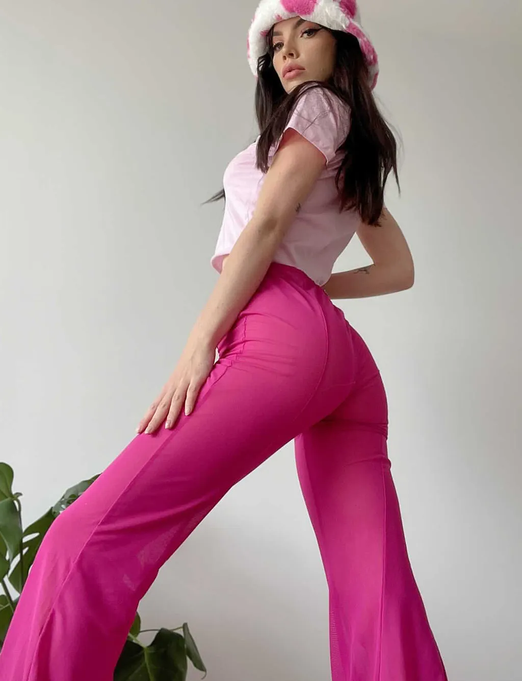 Pink Flare Pants with Stardust Mesh Detail