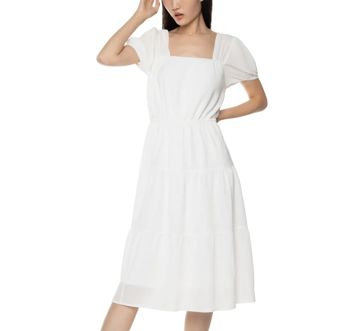 Puff Sleeve Tiered Midi Dress White