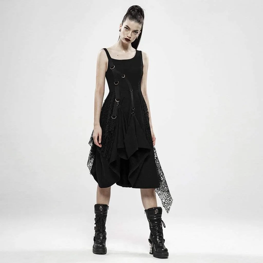 Punk Irregular Black Plaid Slip Dresses With Mesh Ruffles