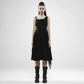 Punk Irregular Black Plaid Slip Dresses With Mesh Ruffles