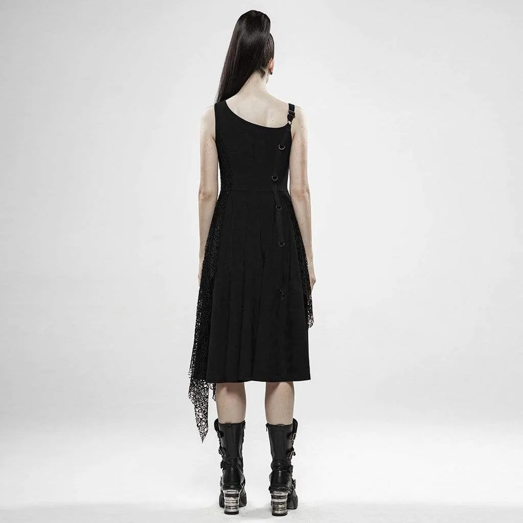 Punk Irregular Black Plaid Slip Dresses With Mesh Ruffles