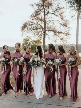 Long Purple Satin Halter Mermaid Bridesmaid Gown Online, BG401