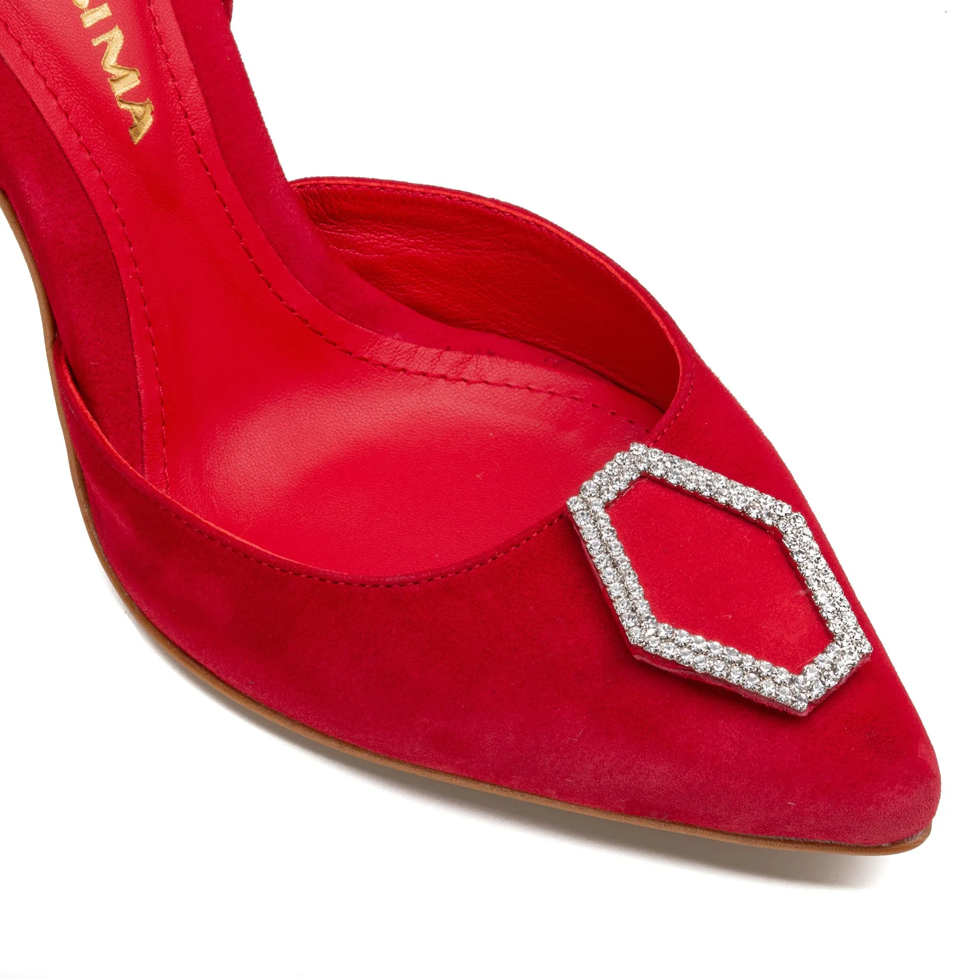 Alice Red Suede Crystal Buckle Slingback Pumps