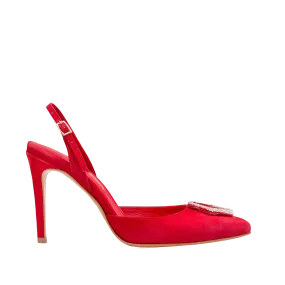 Alice Red Suede Crystal Buckle Slingback Pumps