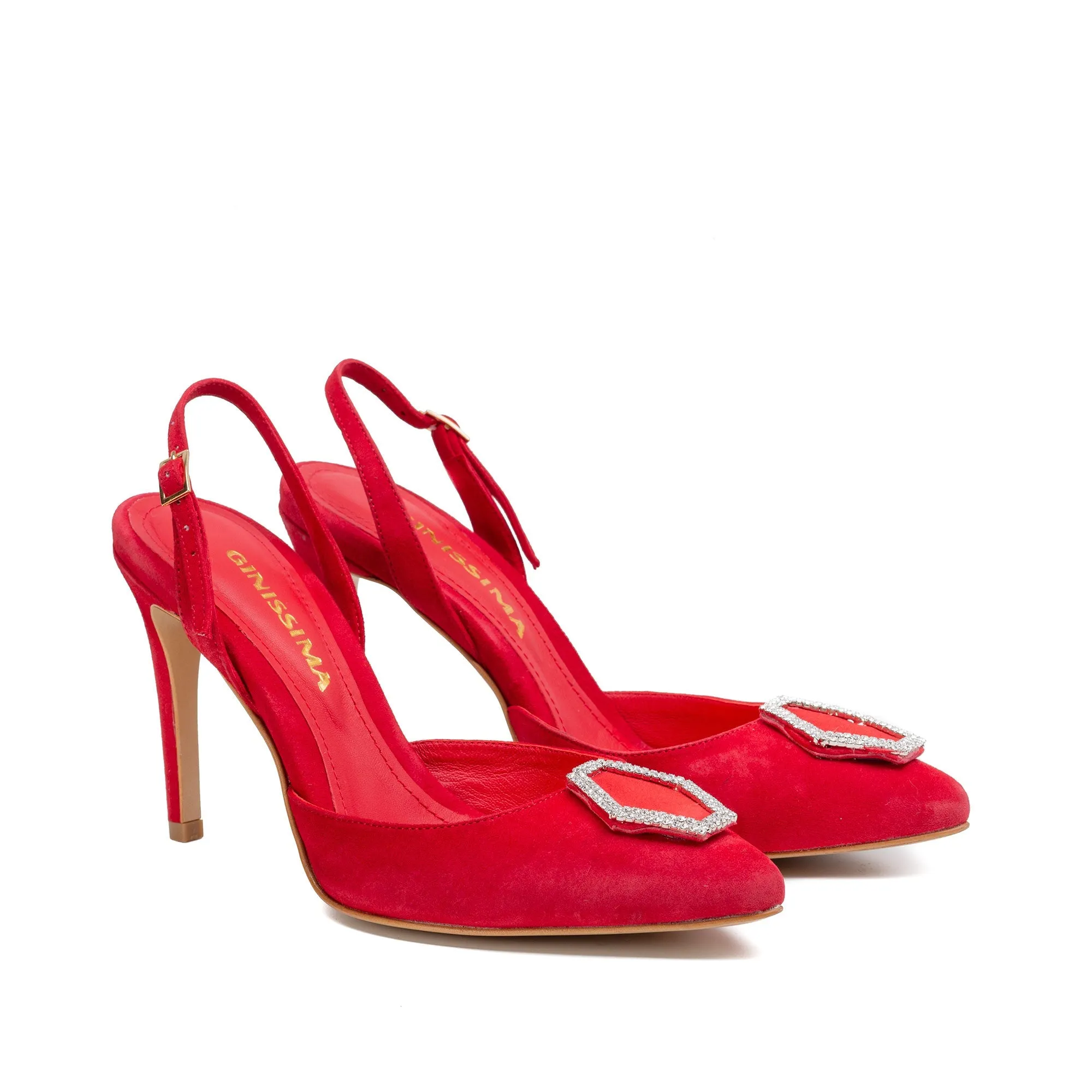 Alice Red Suede Crystal Buckle Slingback Pumps