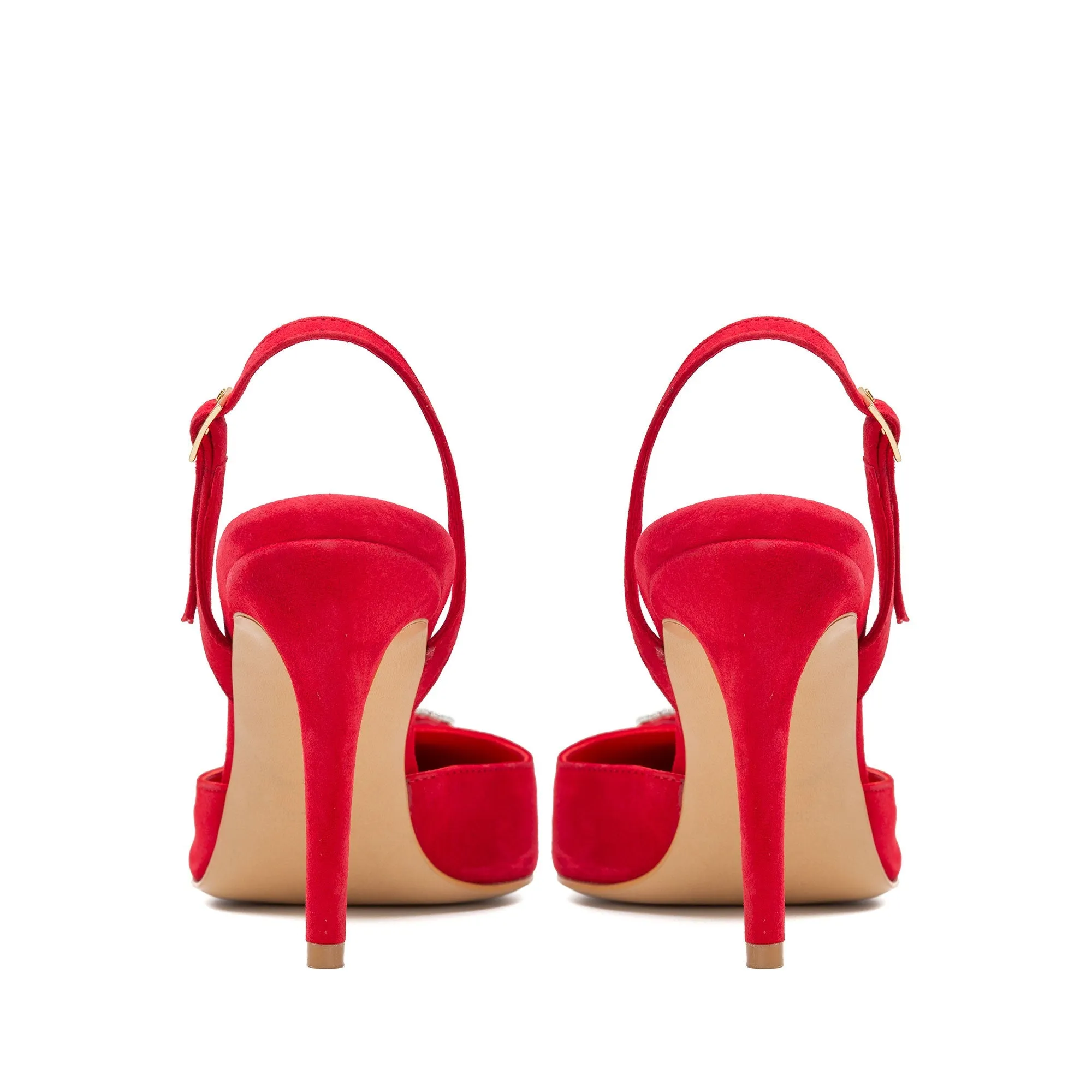 Alice Red Suede Crystal Buckle Slingback Pumps