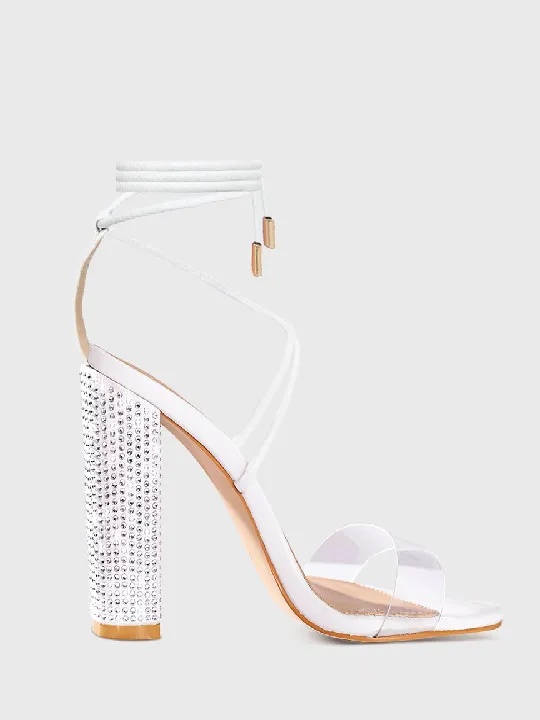 Chunky High Heels Sandals with Clear Rhinestone Straps