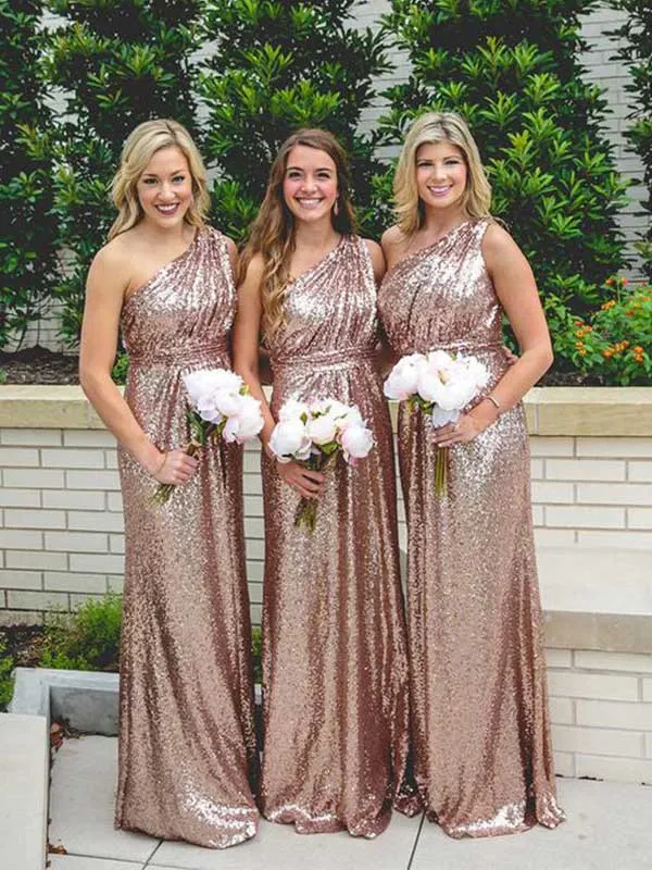 Rose Gold Sparkly Sequins One Shoulder Bridesmaid Dresses