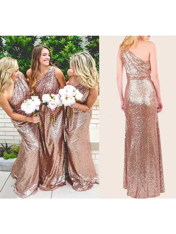 Rose Gold Sparkly Sequins One Shoulder Bridesmaid Dresses