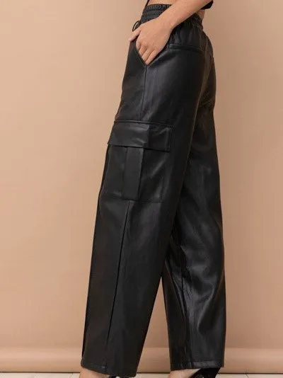 Pleated Faux Leather Cargo Pants