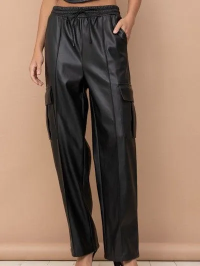 Pleated Faux Leather Cargo Pants