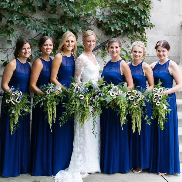 Royal Blue Sleeveless Bridesmaid Gowns with Jewel Neckline