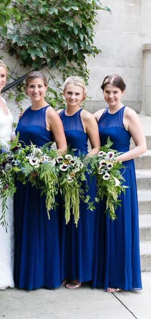 Royal Blue Sleeveless Bridesmaid Gowns with Jewel Neckline