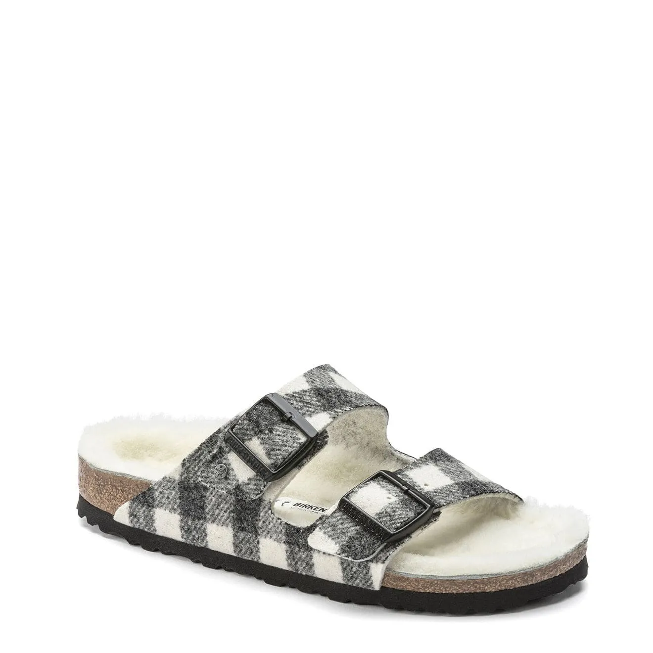 Womens Arizona Shearling Wool Narrow Sandal Plaid White Birkenstock