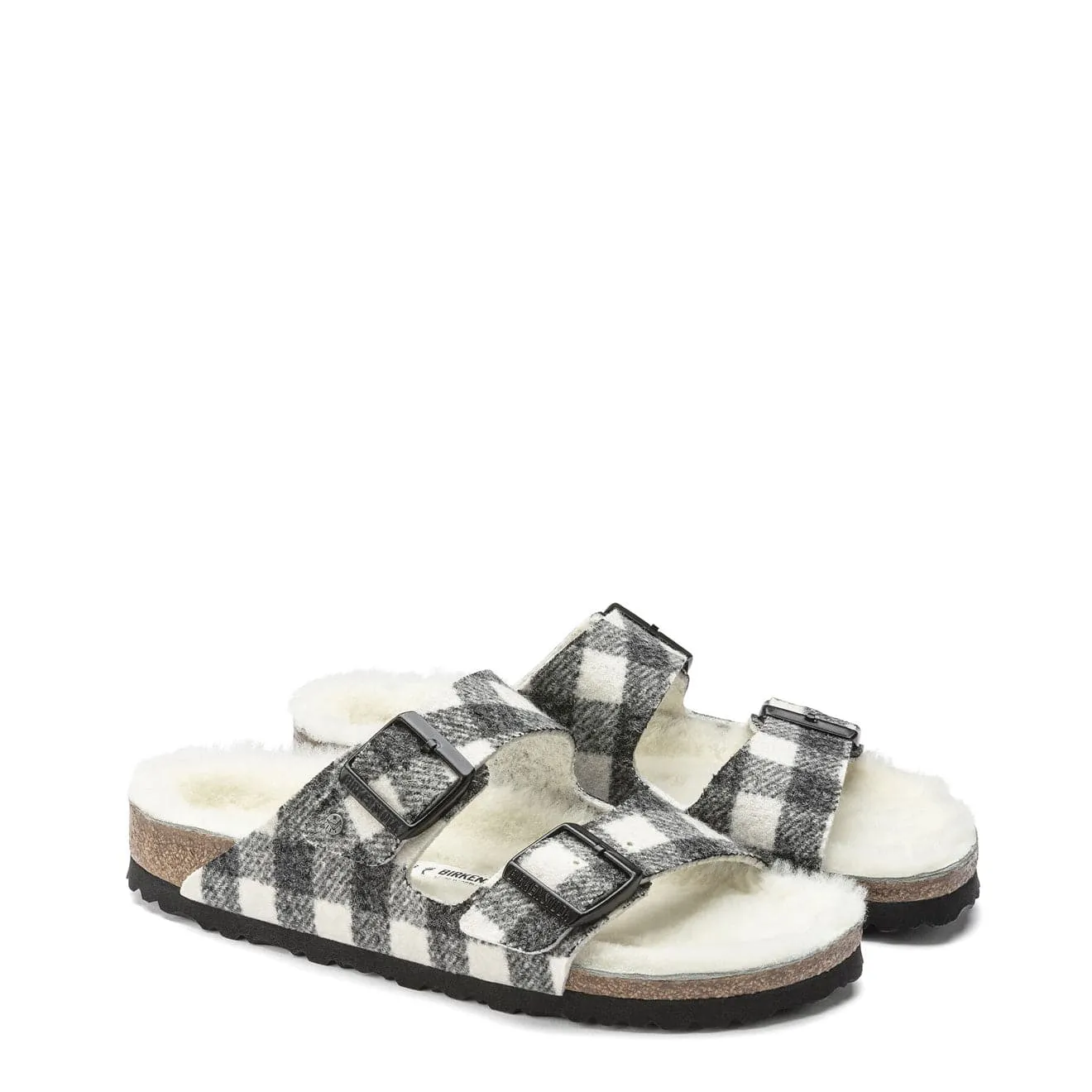 Womens Arizona Shearling Wool Narrow Sandal Plaid White Birkenstock