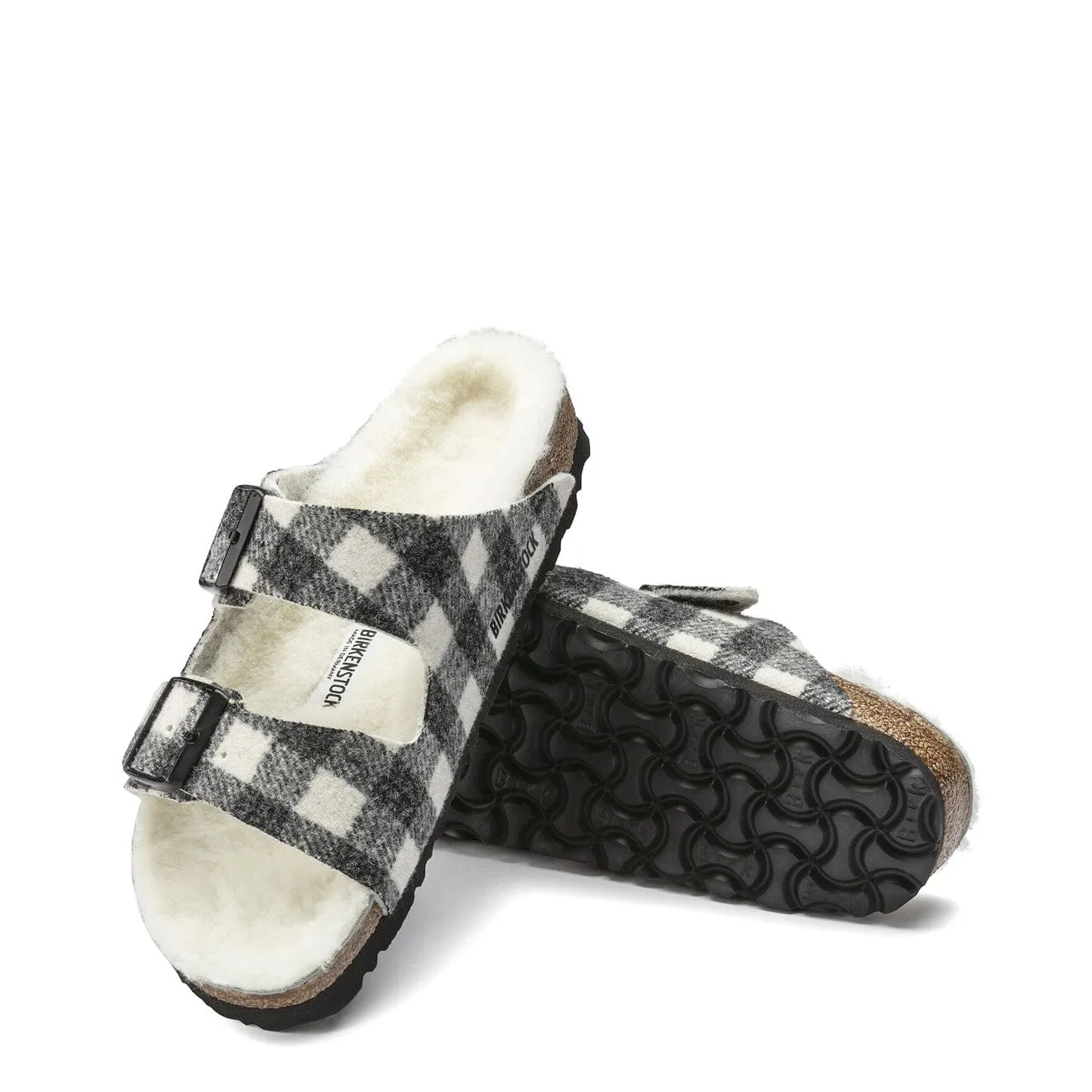 Womens Arizona Shearling Wool Narrow Sandal Plaid White Birkenstock