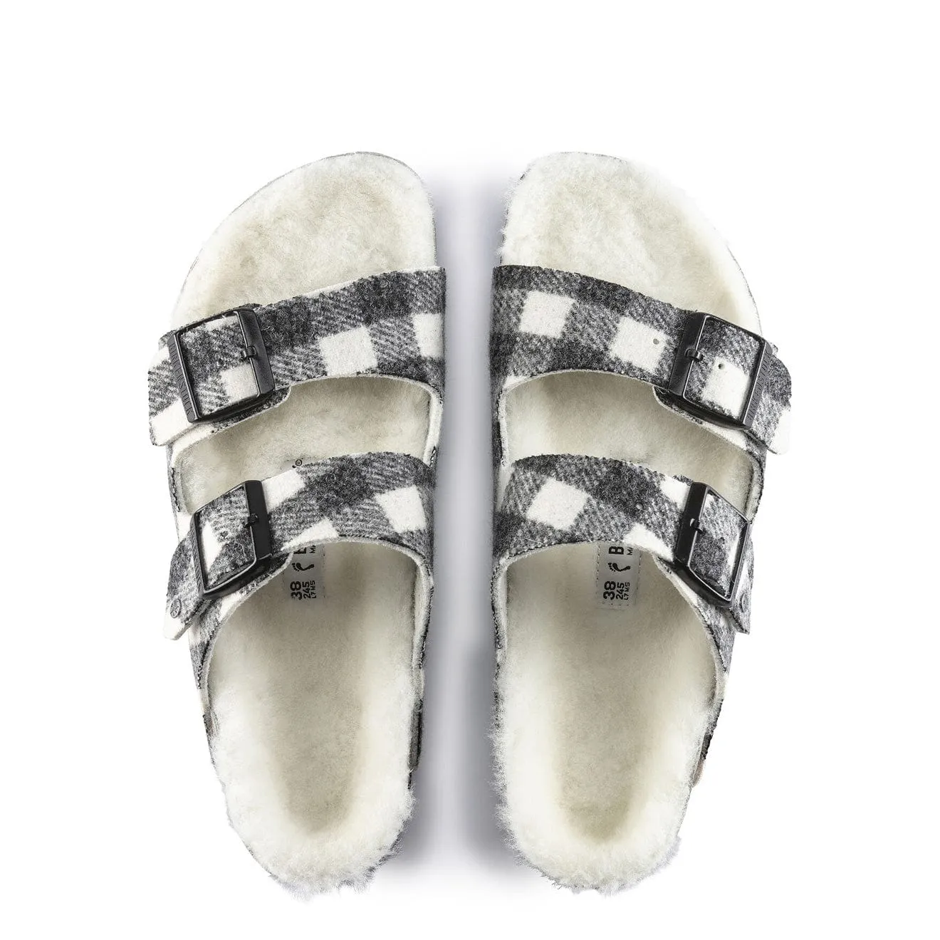 Womens Arizona Shearling Wool Narrow Sandal Plaid White Birkenstock