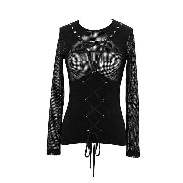 Sheer Mesh Tops Women's Goth Pentagram Lace