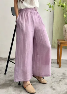 Simple Summer Purple Linen Wide Leg Pants Elastic Waist with Pockets