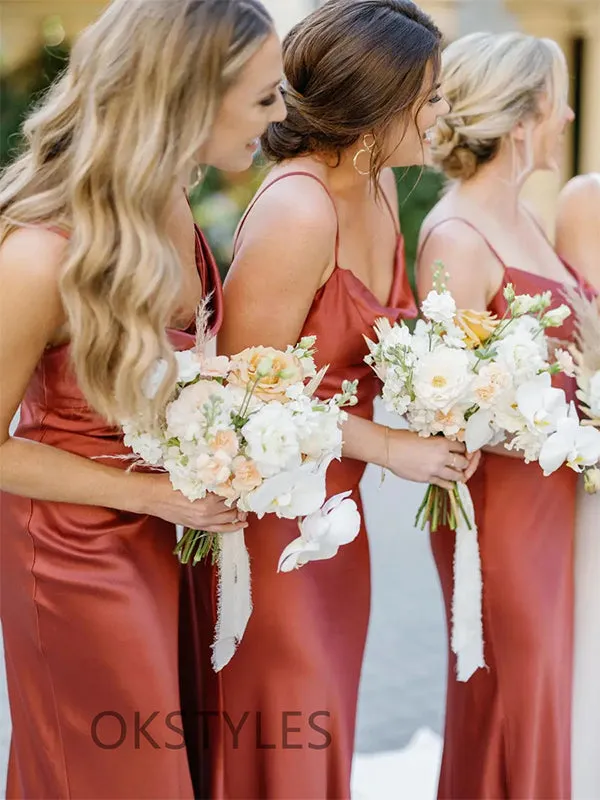 Rust Satin Mermaid Bridesmaid Dress with Spaghetti Straps