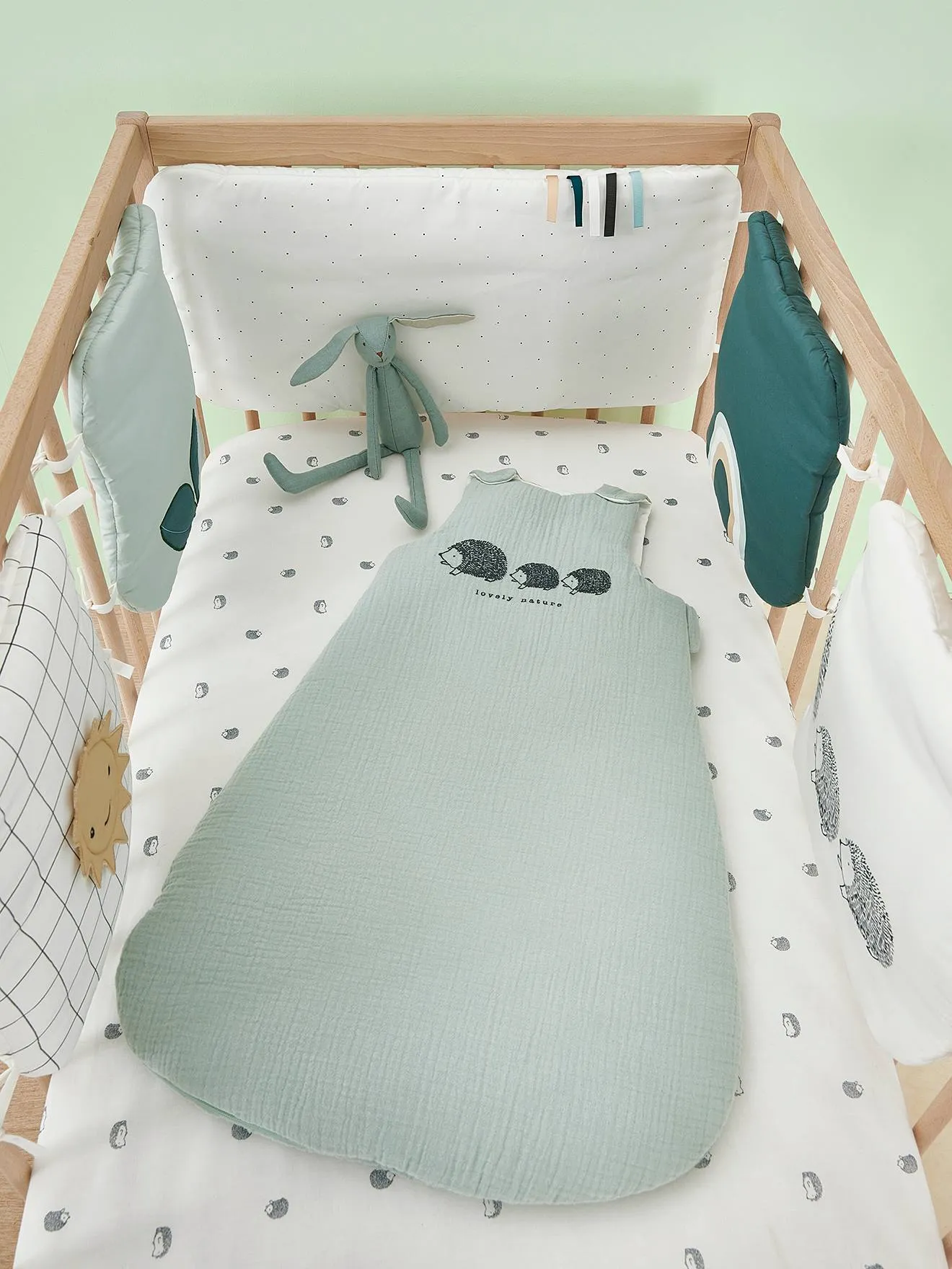 Sleeveless Baby Sleep Bag in Organic* Cotton Gauze, LOVELY NATURE - green