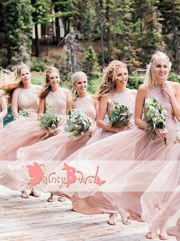 Popular Pink Sequin Bridesmaid Dress for Wedding Party, Elegant A-line