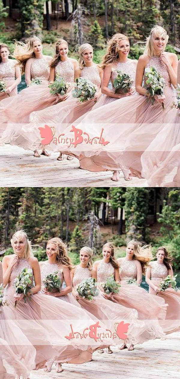 Popular Pink Sequin Bridesmaid Dress for Wedding Party, Elegant A-line