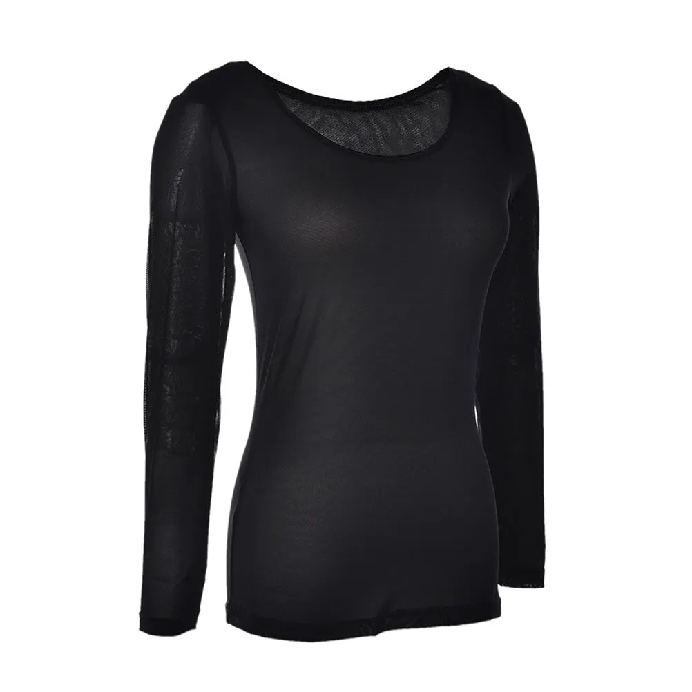 SM6 Women's Sexy Black Transparent Long Sleeve Mesh Tee