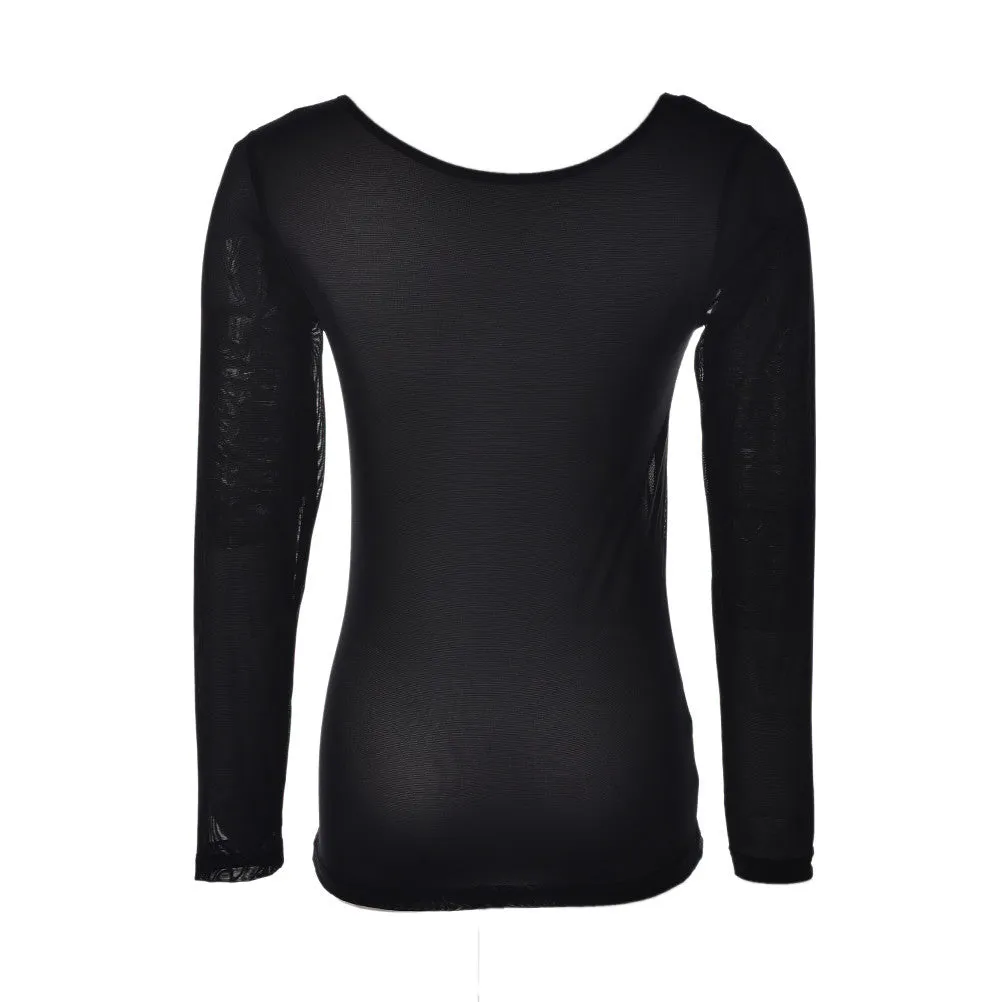 SM6 Women's Sexy Black Transparent Long Sleeve Mesh Tee