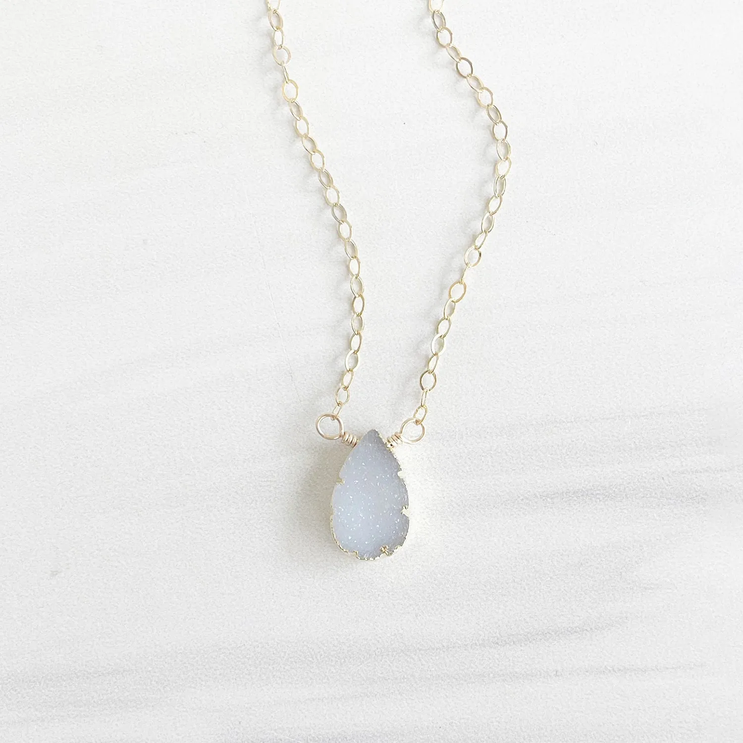 Small Light Grey Druzy Teardrop Necklace in Gold