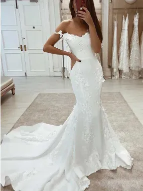 White Satin Mermaid Wedding Dress with Sleeveless Lace Straps and Trailing