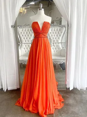 Long Strapless Orange Prom Evening Dress