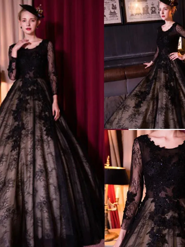 Black Tulle Lace Long Sleeve Ball Gown Wedding Dress