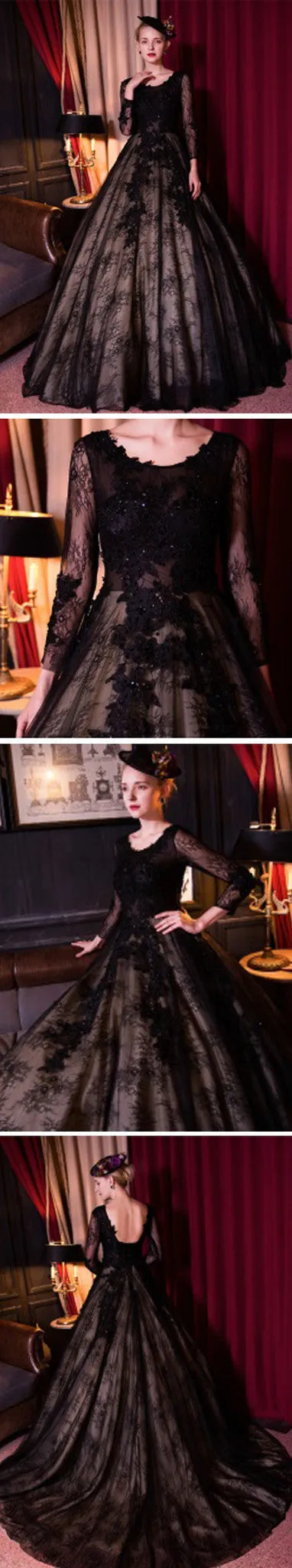 Black Tulle Lace Long Sleeve Ball Gown Wedding Dress