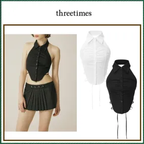 threetimes Halter Neck Street Style Plain Cotton Tanks & Camisoles