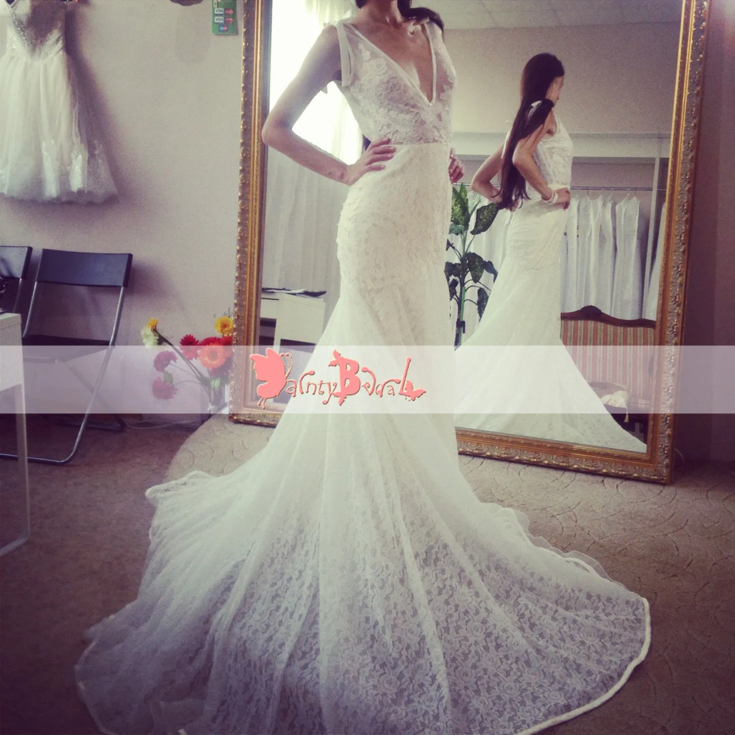 Gorgeous Backless V-Neck Mermaid Wedding Dress with Lace Detail