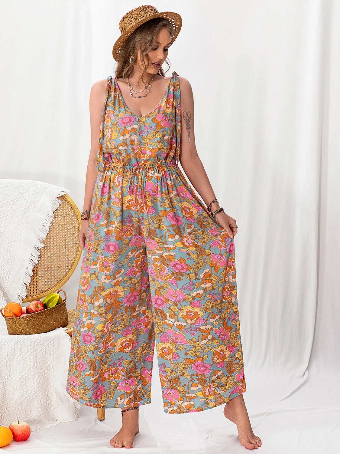 Printed Wide Leg Sleeveless Jumpsuit