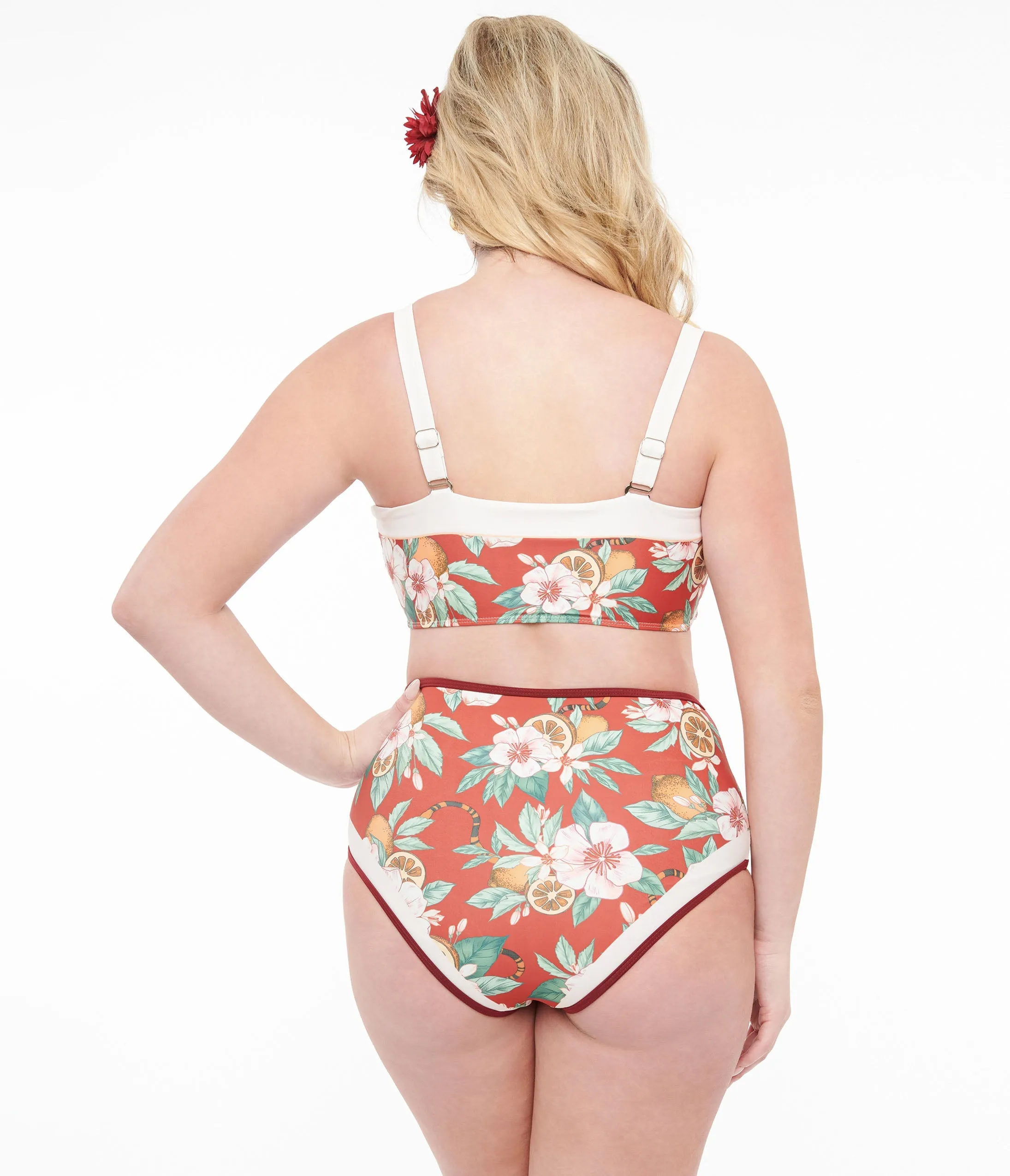 Two Piece Swim Set with 1970s Red Floral Print