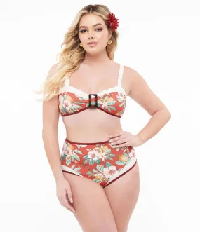 Two Piece Swim Set with 1970s Red Floral Print