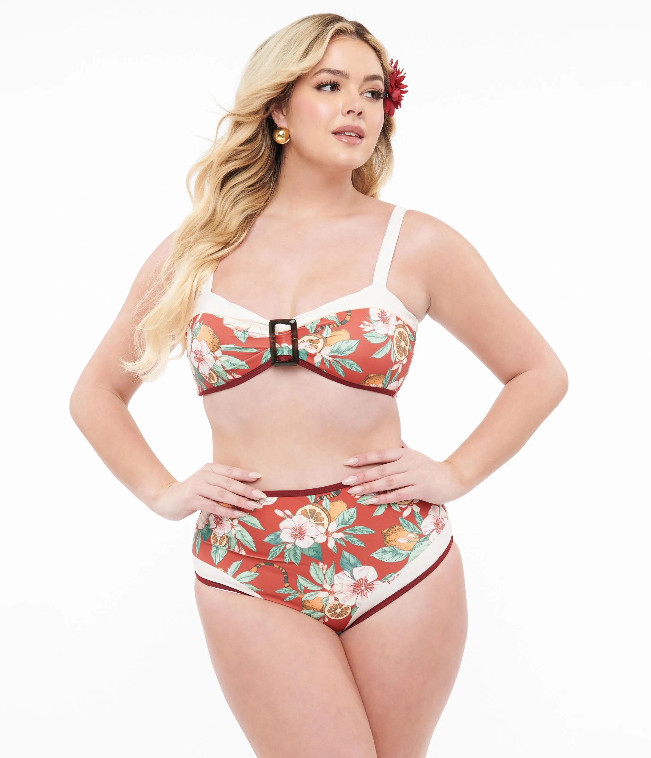 Two Piece Swim Set with 1970s Red Floral Print