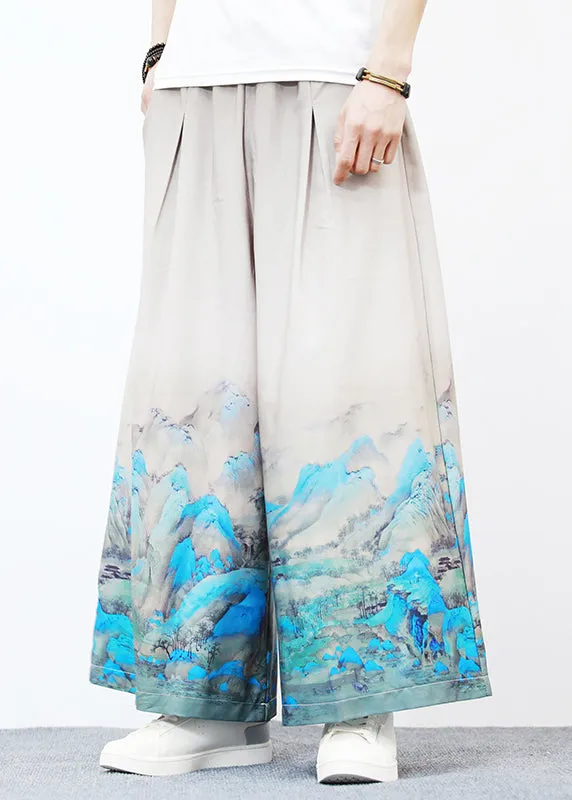 Men's Wide-Leg Pants with Unique White Pockets Print, Perfect for Summer Made of Ice Silk